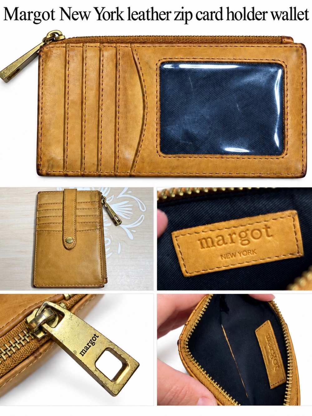 margot tan leather zip pocket card holder wallet small snap pocket coin pouch
